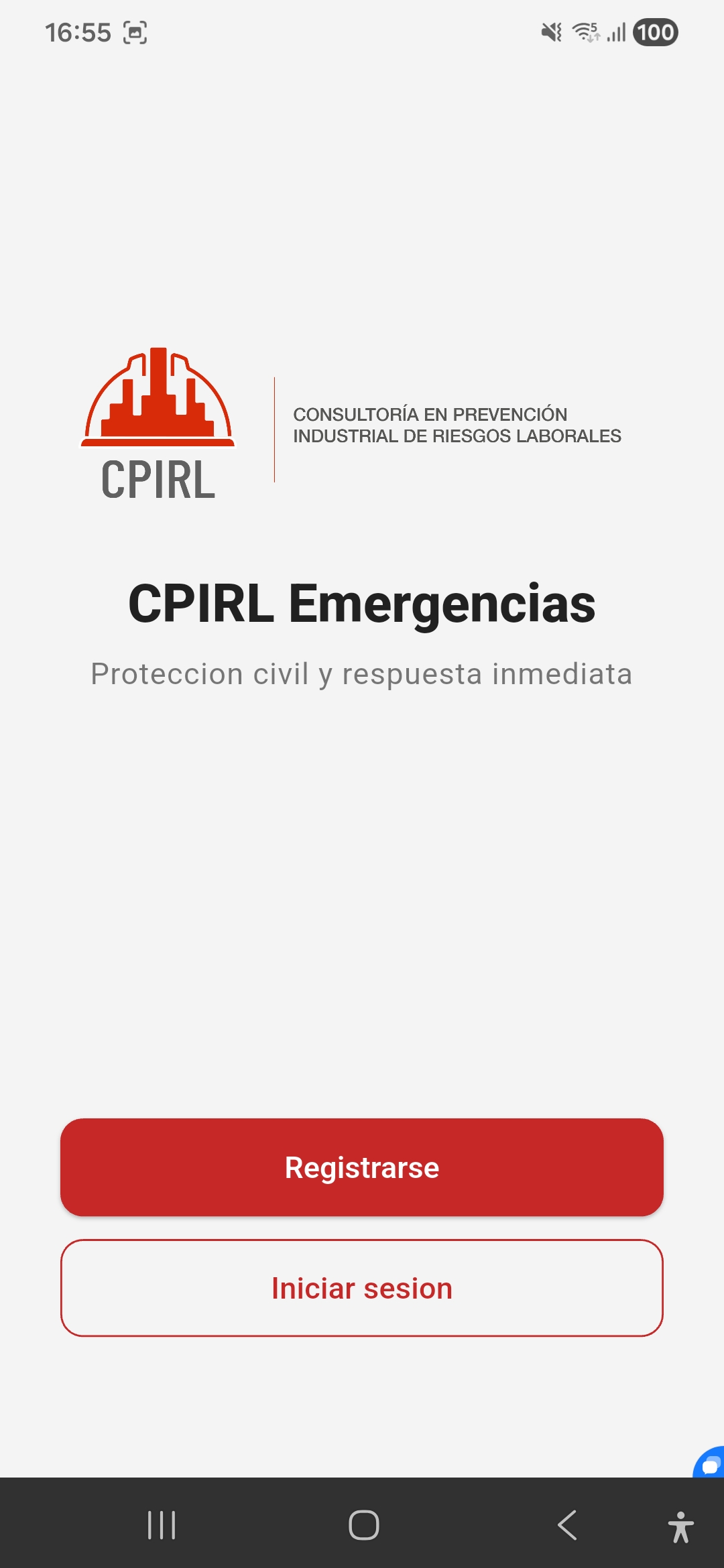 Pantalla inicial: Registrarse e Iniciar sesión
