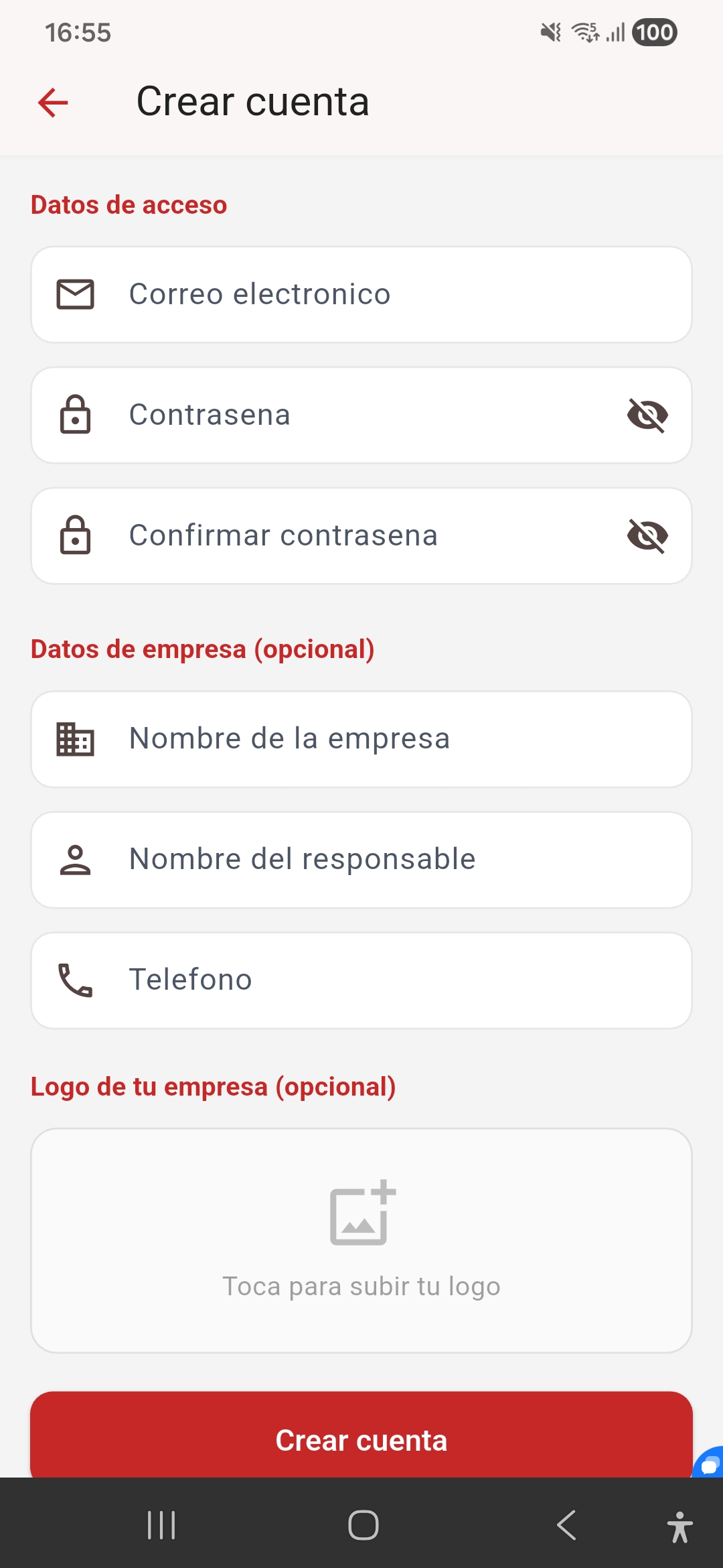 Crear cuenta: datos de acceso, empresa y logo