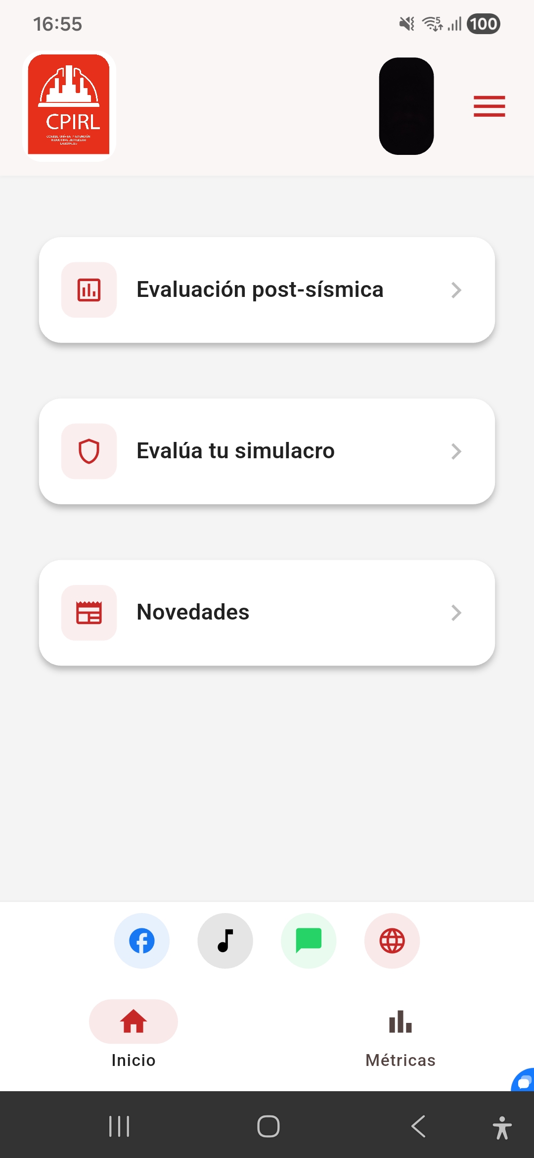 Panel de menú: Evaluación Post-Sísmica, Simulacro, Novedades