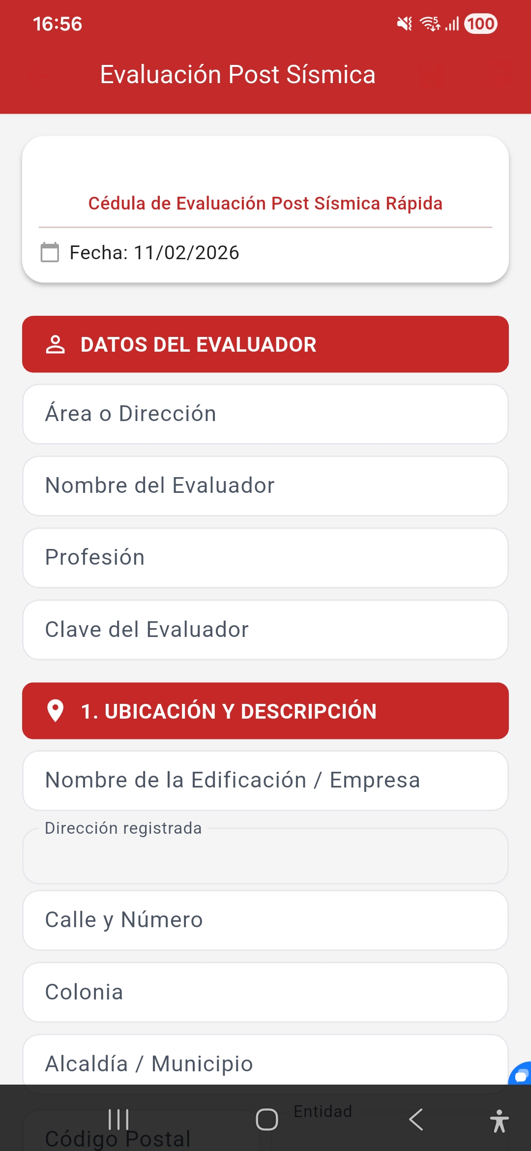 Evaluación Post Sísmica: datos del evaluador y ubicación