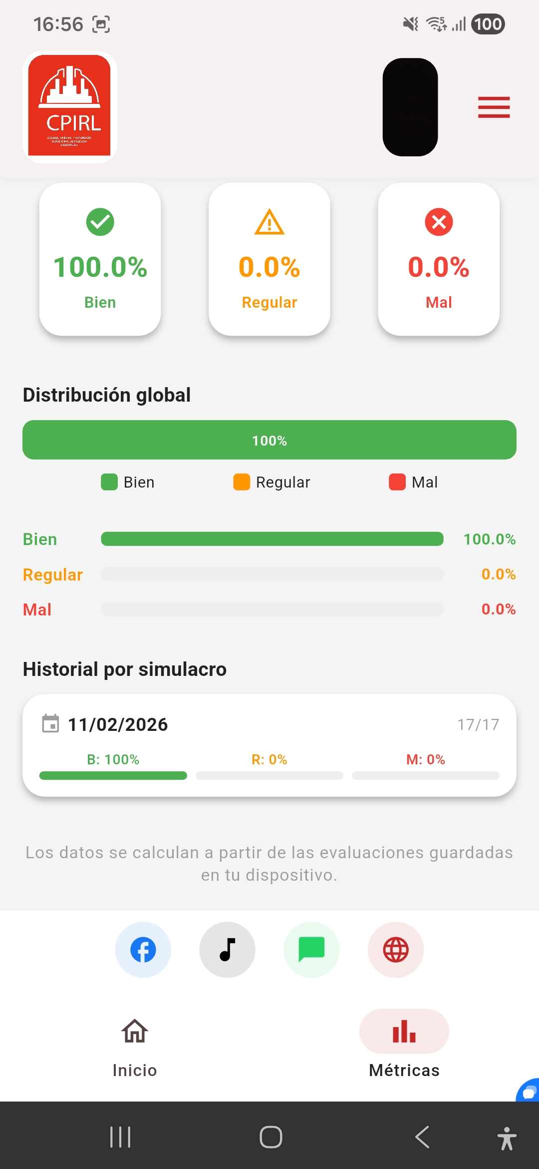 Métricas: distribución global e historial por simulacro